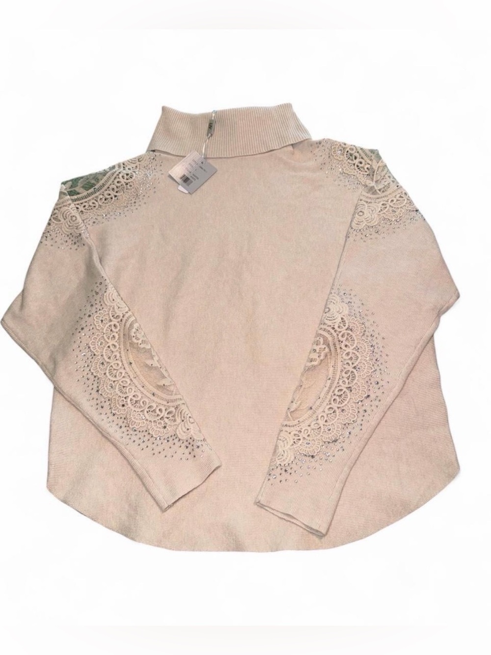 Milano Cream Turtleneck Sweater with Lace & Rhinestone Detail